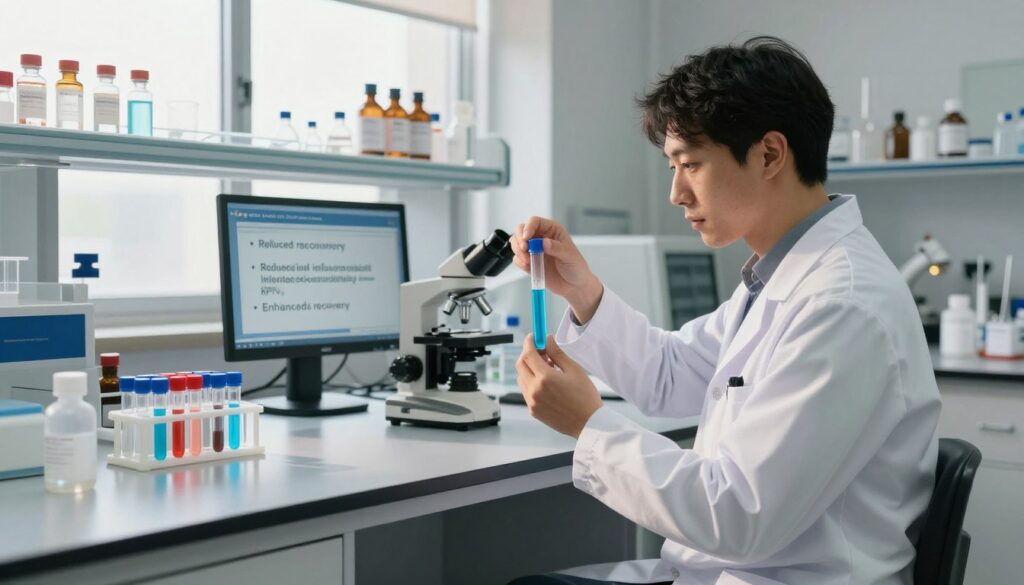 A serene laboratory setting showcasing the benefits of KPV peptide for inflammation management. In the foreground, a professional scientist in a white lab coat examines a test tube containing a vibrant blue solution representing KPV. The middle ground features a sleek lab bench adorned with various vials, a microscope, and a digital display showcasing benefits like reduced inflammation and enhanced recovery, all arranged neatly. The background shows a large window with daylight streaming in, illuminating the room with a warm glow, enhancing the mood of innovation and hope. The atmosphere is calm and focused, inspiring a sense of trust in the scientific process. Include the brand name "Mile High Compounds" subtly in the lab environment, ensuring it integrates seamlessly into the image.