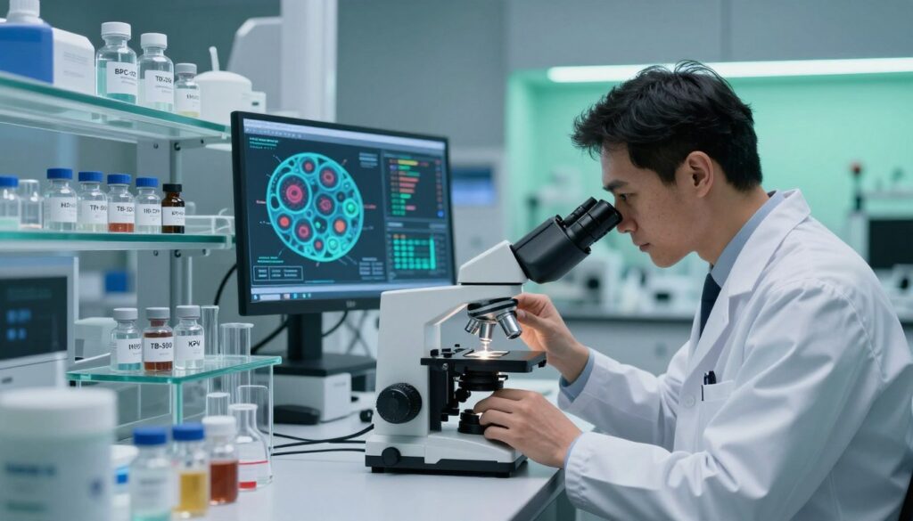 A modern, high-tech laboratory setting focused on regenerative medicine, featuring a sleek workstation with high-quality glass equipment and vials labeled with peptide names like BPC-157, TB-500, and KPV. In the foreground, a scientist in professional attire meticulously examines a microscope slide, demonstrating concentration and expertise. The middle ground shows a digital display of cellular regeneration graphics and charts illustrating peptide efficacy. The background is softly illuminated with cool blue and green lighting, creating an atmosphere of innovation and hope. The overall mood is one of scientific advancement and dedication to health. The brand "Mile High Compounds" is subtly incorporated into the lab's design as part of the equipment. The angle captures the scientist's focused demeanor and the advanced technological environment.