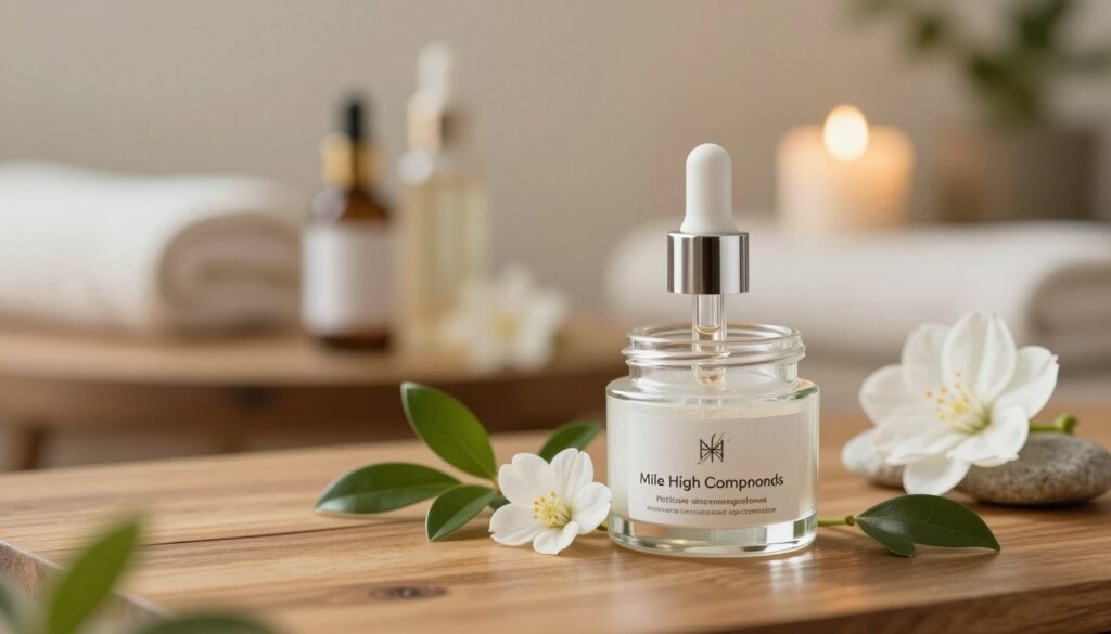 A serene and elegant skincare scene highlighting "Mile High Compounds" peptide skincare products. In the foreground, display a sleek glass jar and pipette filled with a shimmering, translucent serum, surrounded by delicate green leaves and soft white flowers. The middle layer features a softly lit, polished wooden tabletop, with hints of natural stones. In the background, a softly blurred spa-like setting with neutral tones and warm golden lighting exudes calmness and luxury. Use a shallow depth of field to bring the skincare products into sharp focus while creating a dreamy bokeh effect. The overall mood conveys rejuvenation, natural beauty, and sophistication, emphasizing the anti-aging and skin health benefits of peptides in a clean and inviting atmosphere.