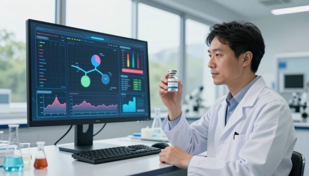 A visually striking representation of retatrutide and its effects on metabolic health. In the foreground, a sleek, modern lab setting with a scientist in professional attire holding a vial labeled "Retatrutide" while examining it thoughtfully. The middle ground features a high-tech digital screen displaying colorful data graphs and metabolic markers. In the background, a large window allows natural light to pour in, revealing a serene outdoor landscape with greenery, symbolizing vitality and health. The lighting is well-balanced, creating a bright and hopeful atmosphere. The image reflects health, innovation, and the scientific pursuit of natural wellness, encapsulated by the logo "Mile High Compounds" subtly integrated into the design, ensuring professionalism and focus on the peptide.
